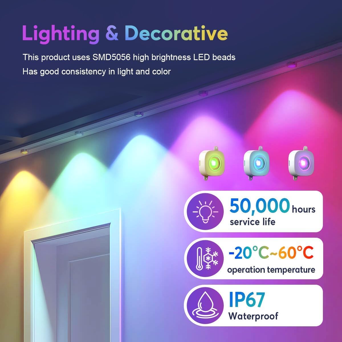 RaThun 200ft Smart Outdoor Lights, 120 LED Multicolor, IP67 Waterproof, 72 Scene Modes, Model RaThunPA001
