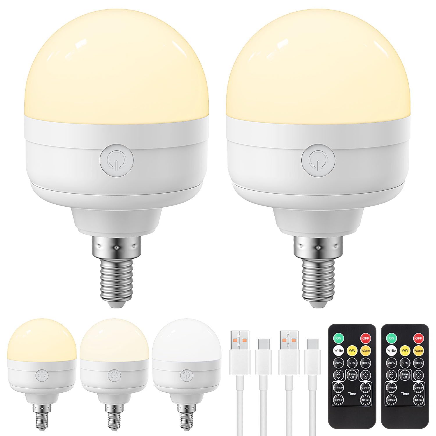LGMCF Rechargeable Light Bulbs with Remote Control Timer and 3 Color Temperature Options,Rechargeable Wall Sconce Puck Lights Battery Operated with Remote (E12, 2)