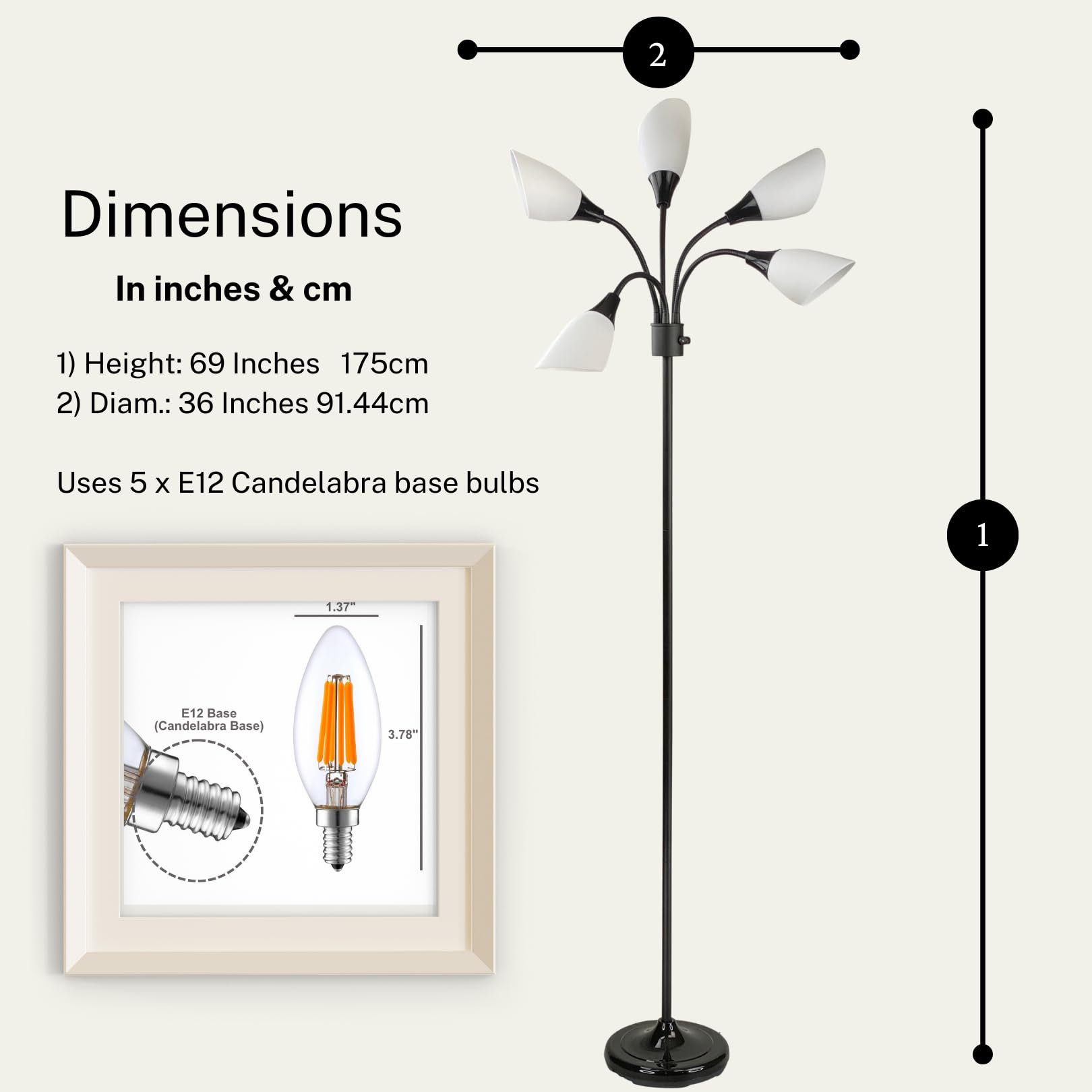 LIGHTACCENTS Multi-Head 5-Light Floor Lamp, Adjustable, Black Finish, Metal, Model 16197