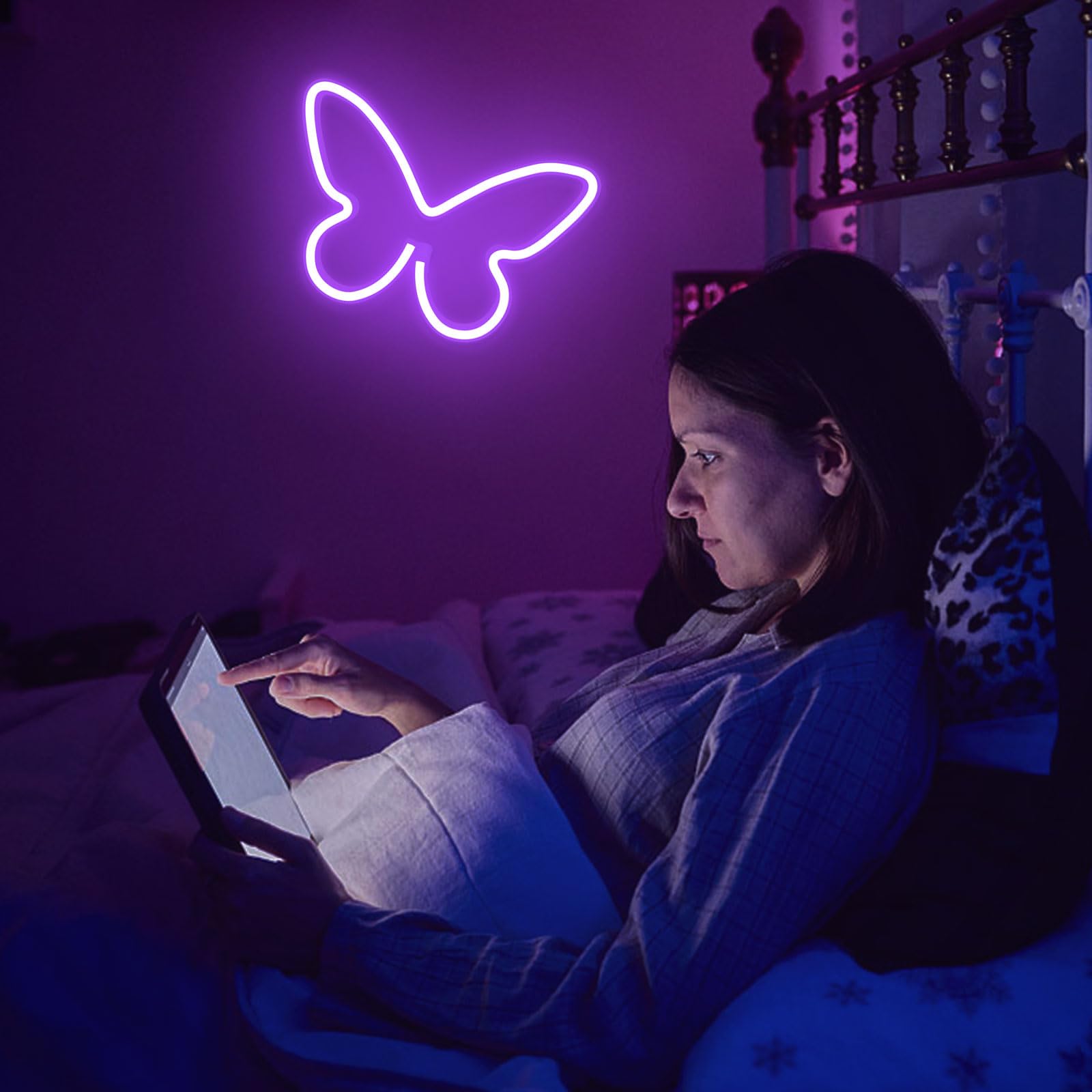 BerniceKelly Butterfly Neon Signs - Purple LED Light for Bedroom, 6.7 x 9.1 inches, USB/3AA Battery, Silicone Material