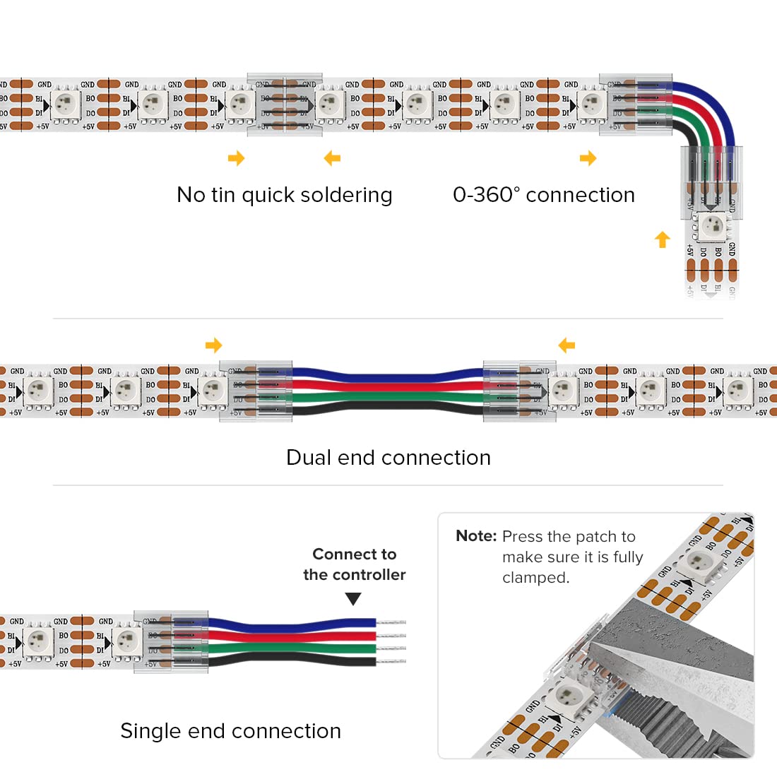 Btf-Lighting 4 Pin 10Mm 0.39In Width Transparent Connector Kit,4Pcs Gapless Solderless 8Pcs Corner Connectors,4Pcs 5.9In Long 22