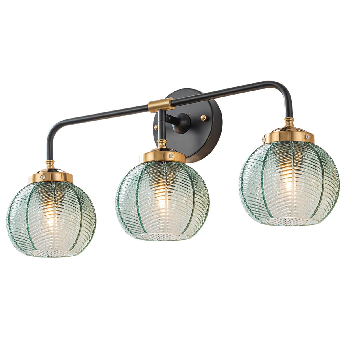 Qufute 3-Light Bathroom Vanity Light Black Wall Mount Light with Green Glass Shade, Mid Century Wall Sconce Lights Modern Vanity