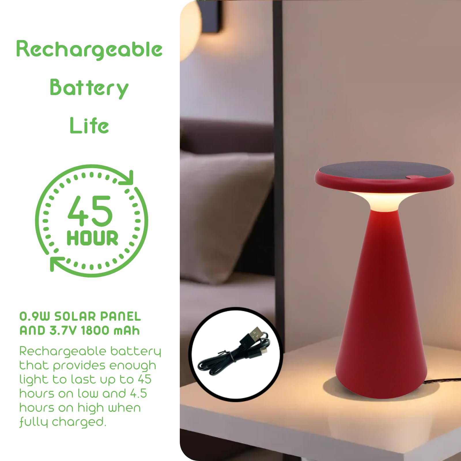 VerLuce Portable Solar LED Table Lamp - 1.6W, 160 Lumens, 2700K, Stepless Dimming, IP44 Weather Resistant, Red, Model VER-SL
