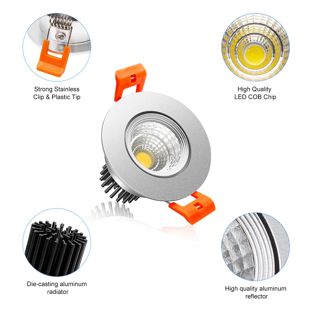 2Inch Led Recessed Ceiling Light, 3W Dimmable Led Downlight, Daylight White 5000K-5500K, 60 Beam Angle Cob Recessed Lights With Driver, 25W Halogen Bulbs, Silver 6Pack