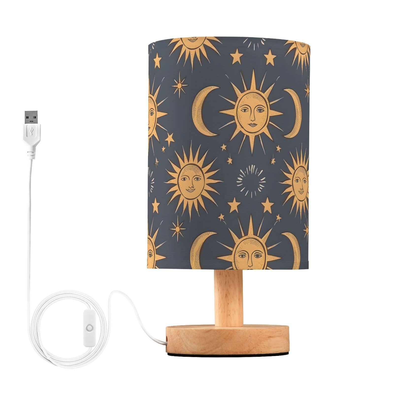 Bedside Lamp Sun Moon Stars Constellation Boho Lamp for Girls Boys Bedroom, Table Lamp with USB Port, Kids Nightstand Lamp Wood 