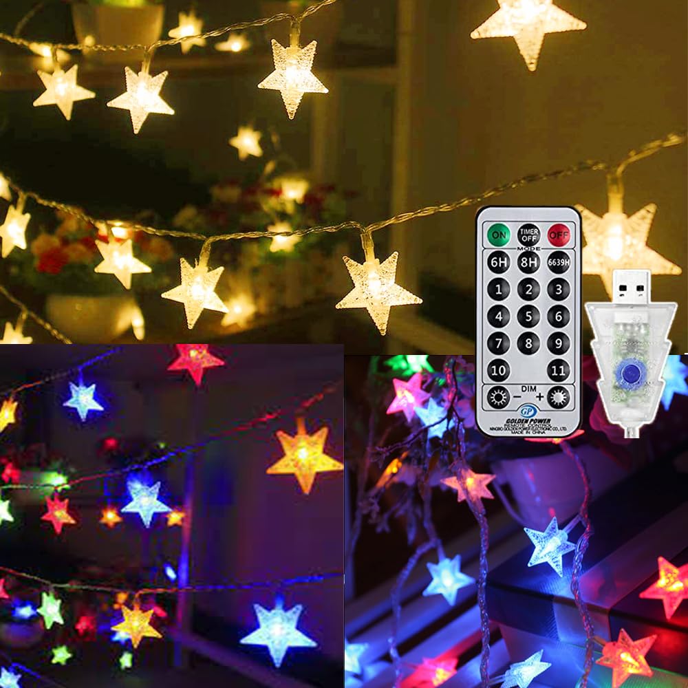 Solhice 40ft Star String Lights for Bedroom 120 LEDs, Warm White & Multicolor Color Changing Indoor Twinkle Lights with Remote, 