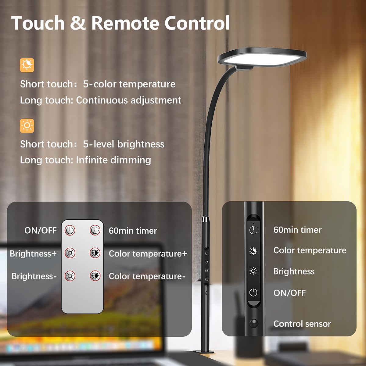 Hapfish Led Desk Lamp - Dimmable Clamp Light For Video Conferencing, Rotatable, Black