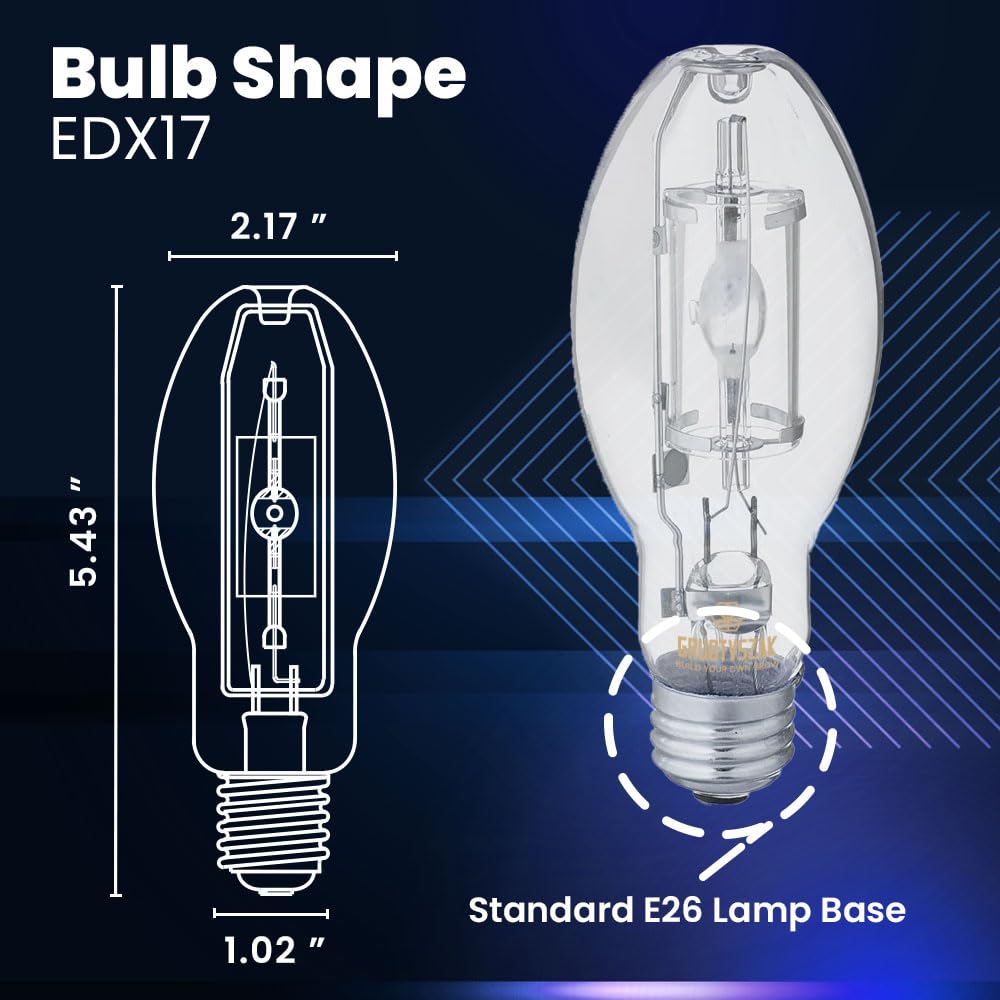 Gruotvszak Protected Mp100/U/Med 100 Watt Metal Halide Edx17, Medium Base(E26), Dusk To Dawn Bulb, 4000K, 9200 Lumen, Ansi Code