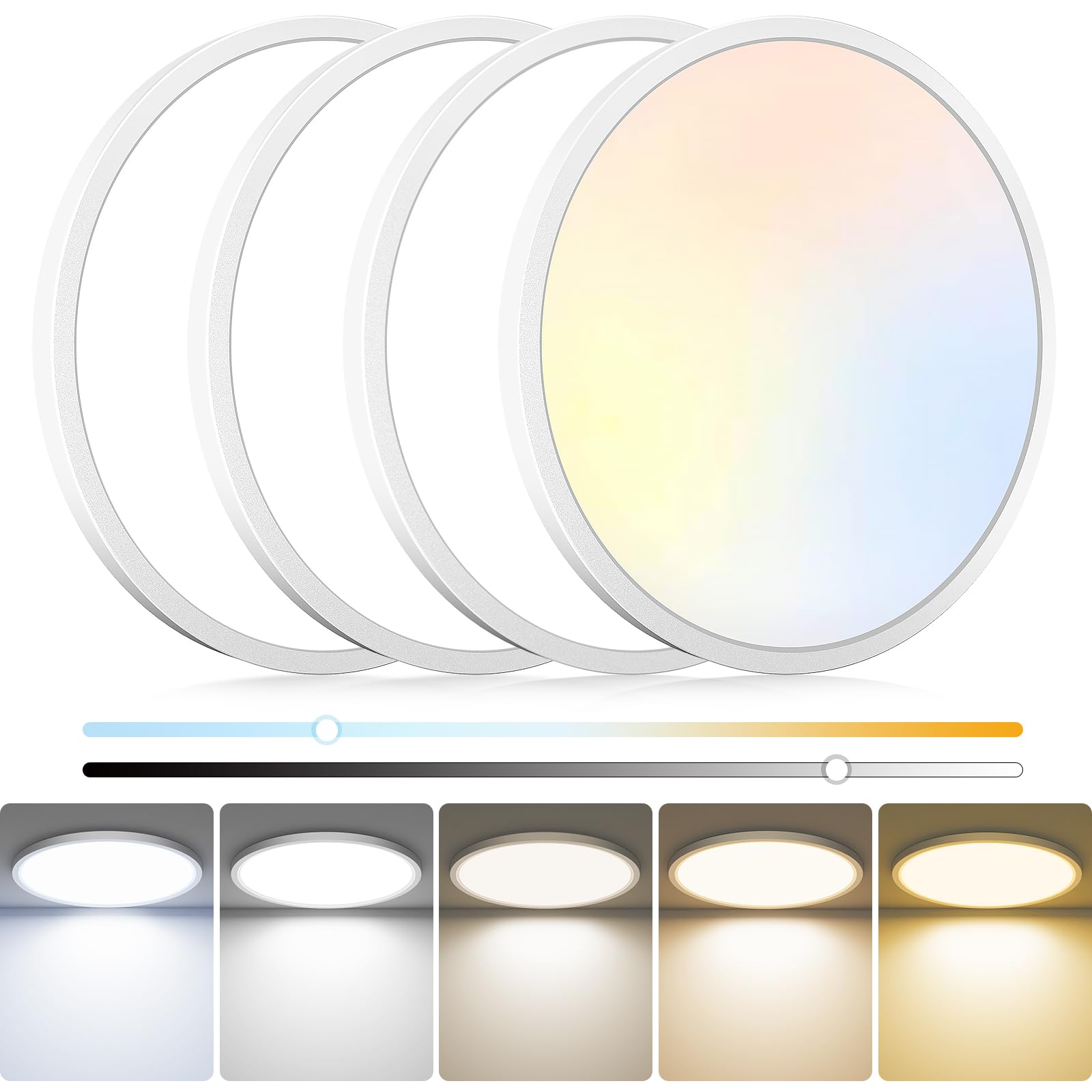 Hepside 4-Pack LED Flush Mount Ceiling Light Fixture, 12 Inch, 24W, Dimmable, 3200LM, White, Model CL62DA