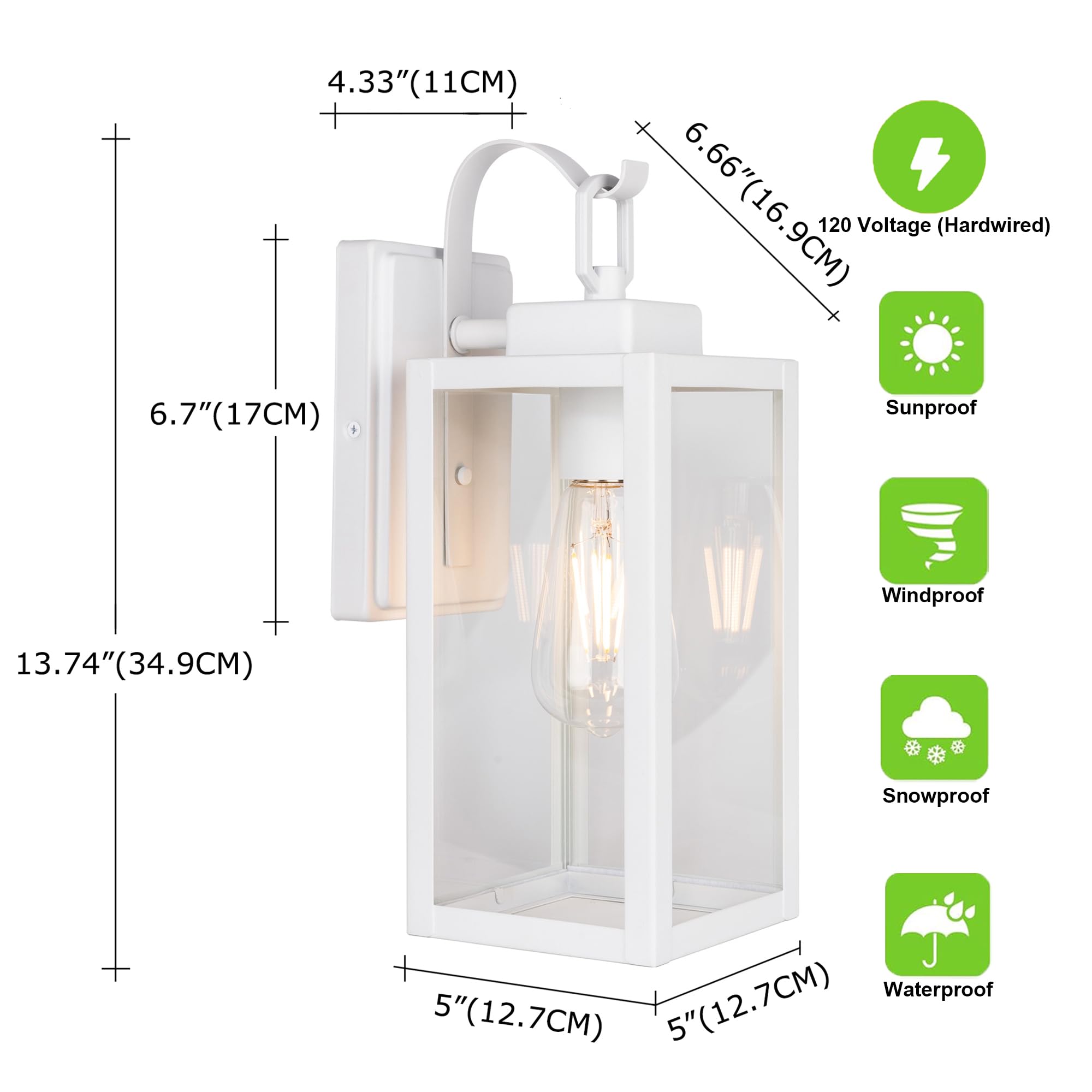 Gruenlich Outdoor Wall Lantern, Wall Sconce For Porch Lighting Fixture, E26 Base Max 60W, Metal Housing Plus Glass, White Finish