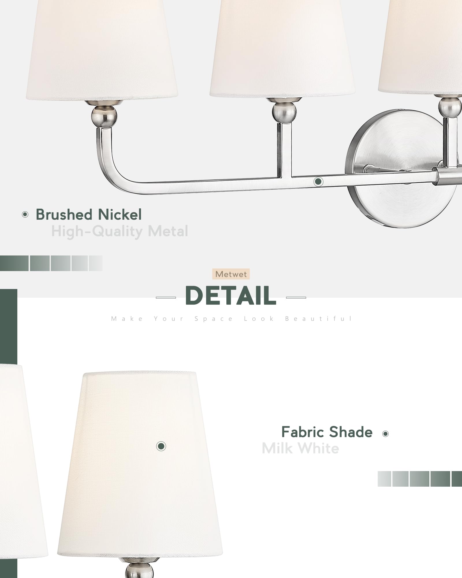 Metwet Bathroom Light Fixtures, 5 Light Brushed Nickel Vanity Lights With Flared White Fabric Shade, 35 Inch Wall Sconce, Modern