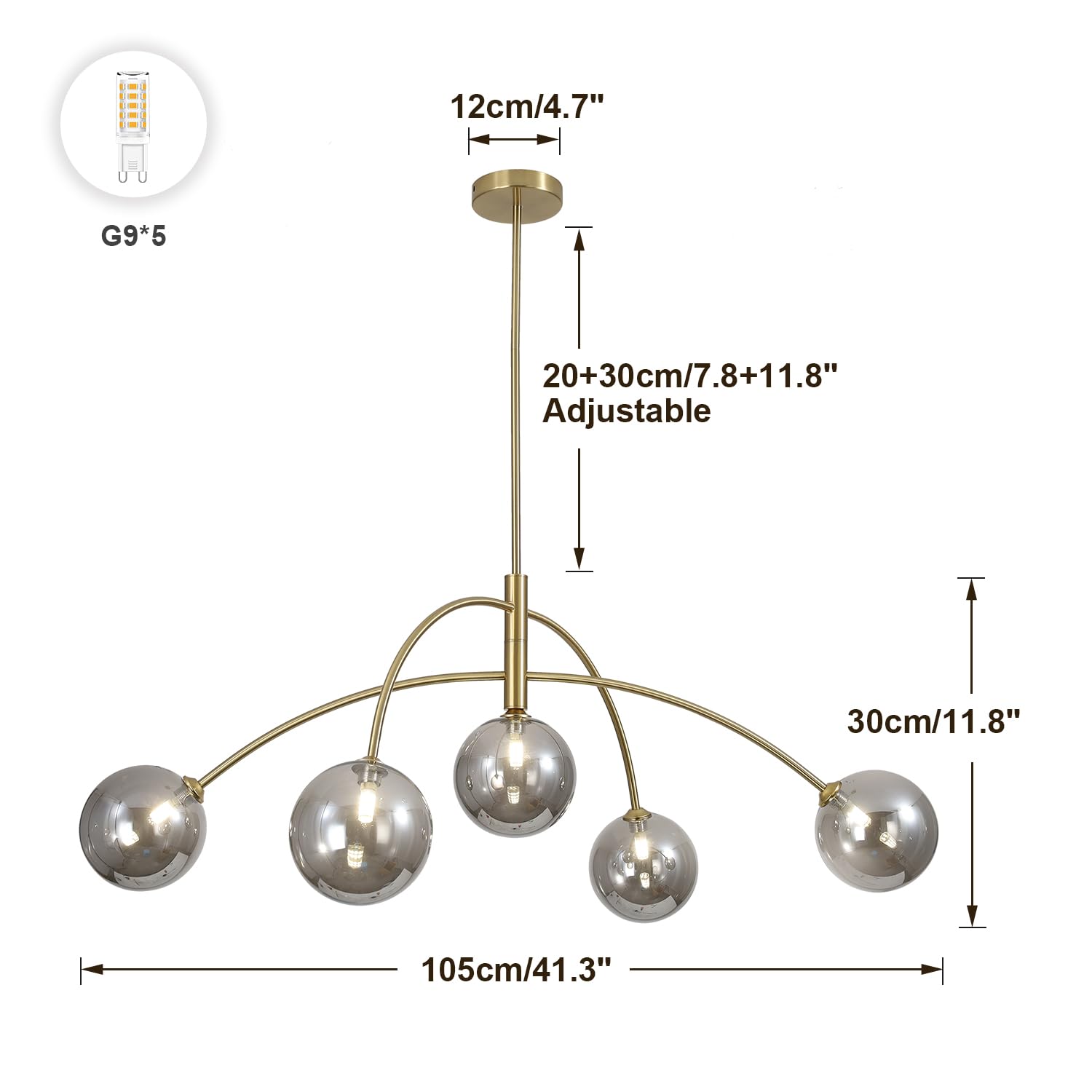 Fulesi Modern Gold Chandelier 5 Light Smoke Gray Semi Flush Mount Chandelier Vintage Industrial Ceiling Light Dining Room Chande