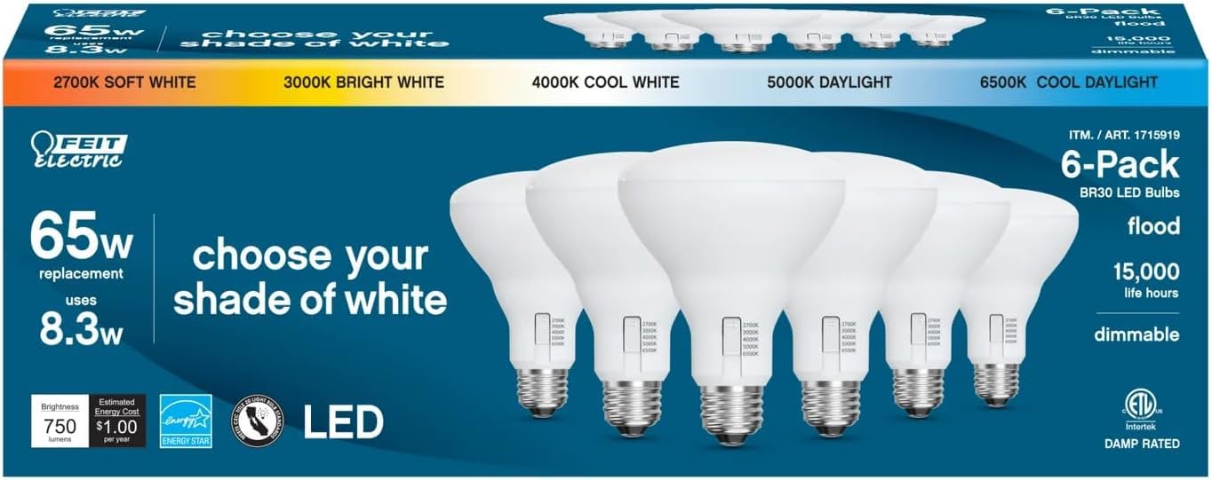 Feit Electric LED BR30 Light Bulb - 5-Color Choice, 65W Equivalent, 750 Lumen, 2700K-6500K, Plastic