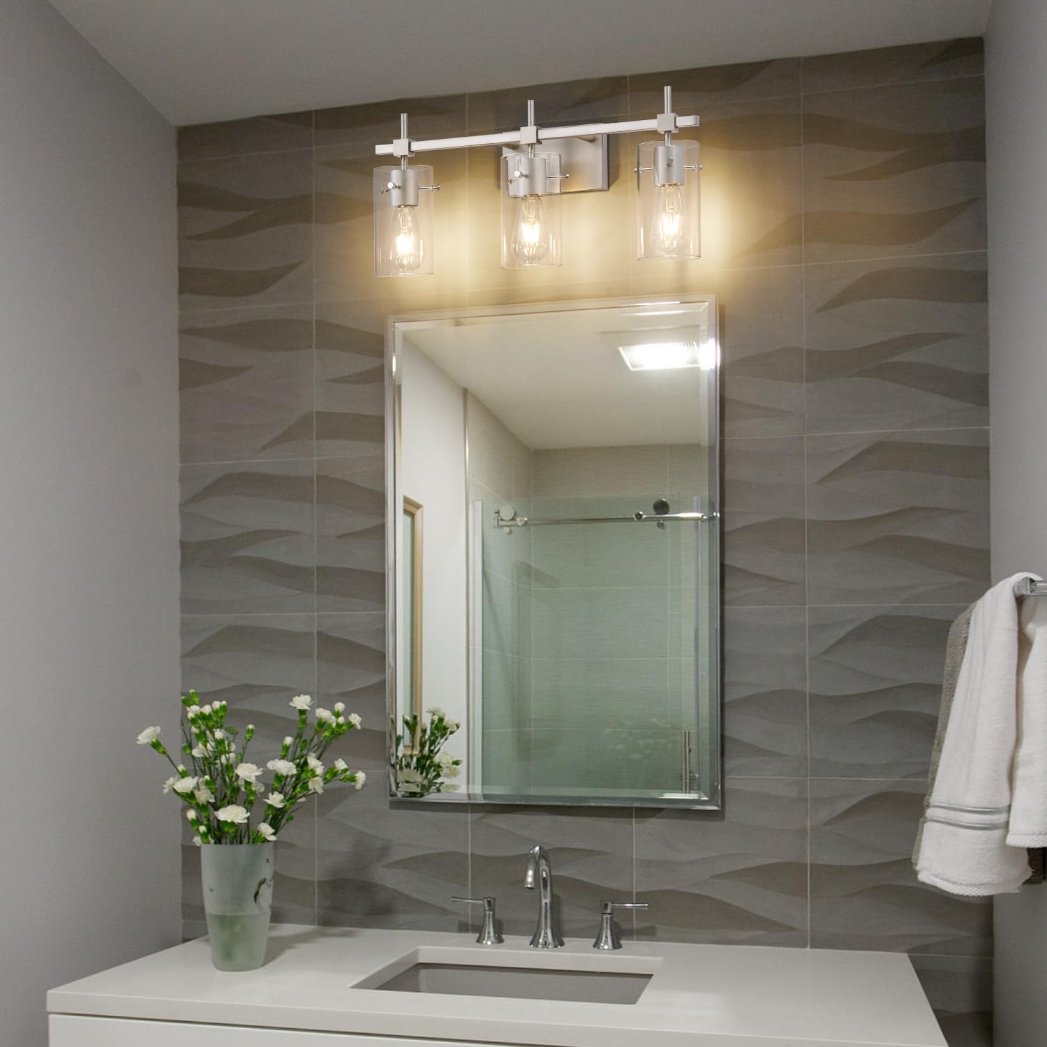 SOLFART 3 Lights Vanity Light Fixture, Brushed Nickel, Glass Shade, Model 7200-3T-NK, Vintage Bathroom Lighting Over Mirror