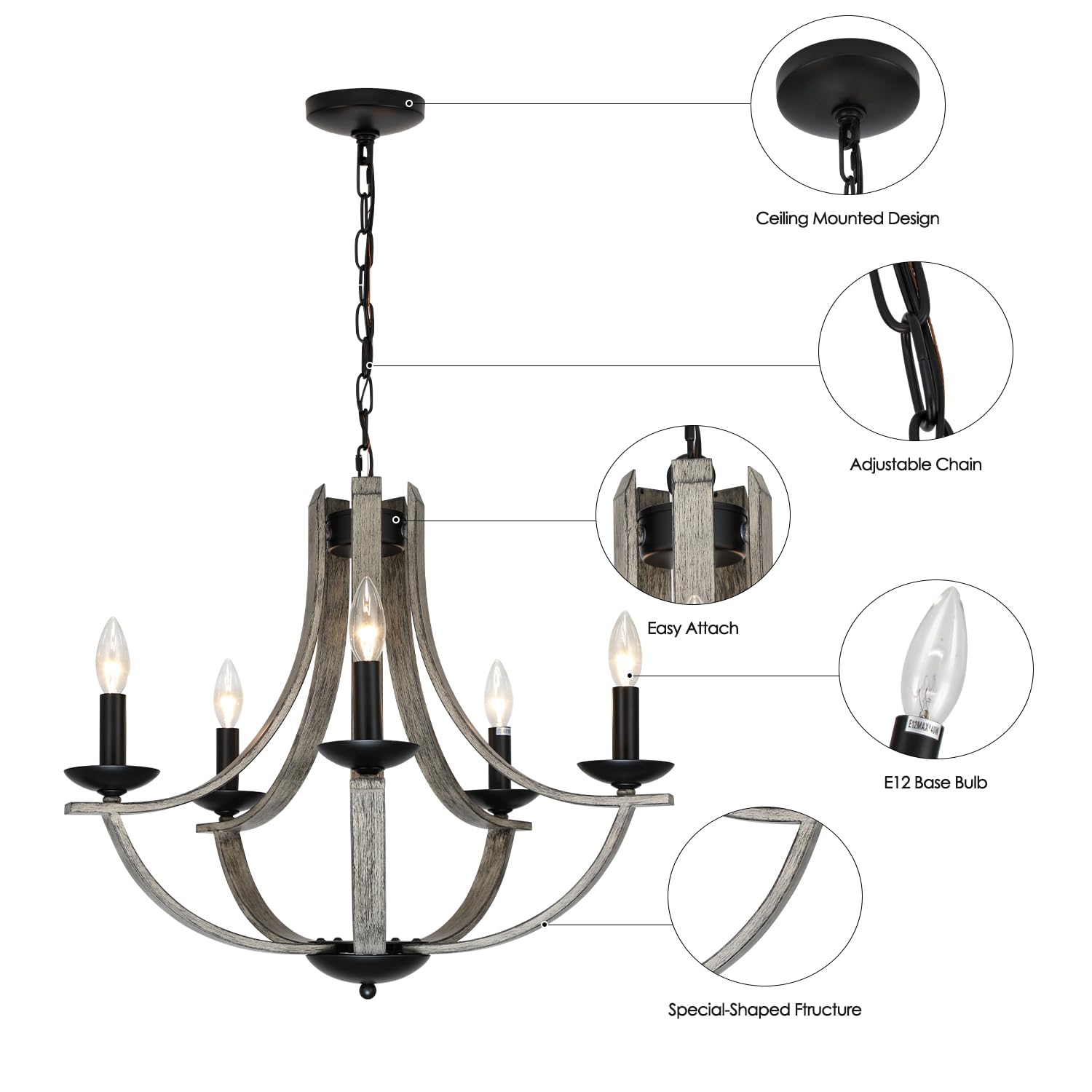 Lampkeduo Rustic Chandeliers For Dining Room Light Fixture  5-Light 24 Inch Faux Wood Texture Hanging Lighting Fixtures Farmhouse Candle Chandeliers For Living Room Kitchen Island Foyer Entryway