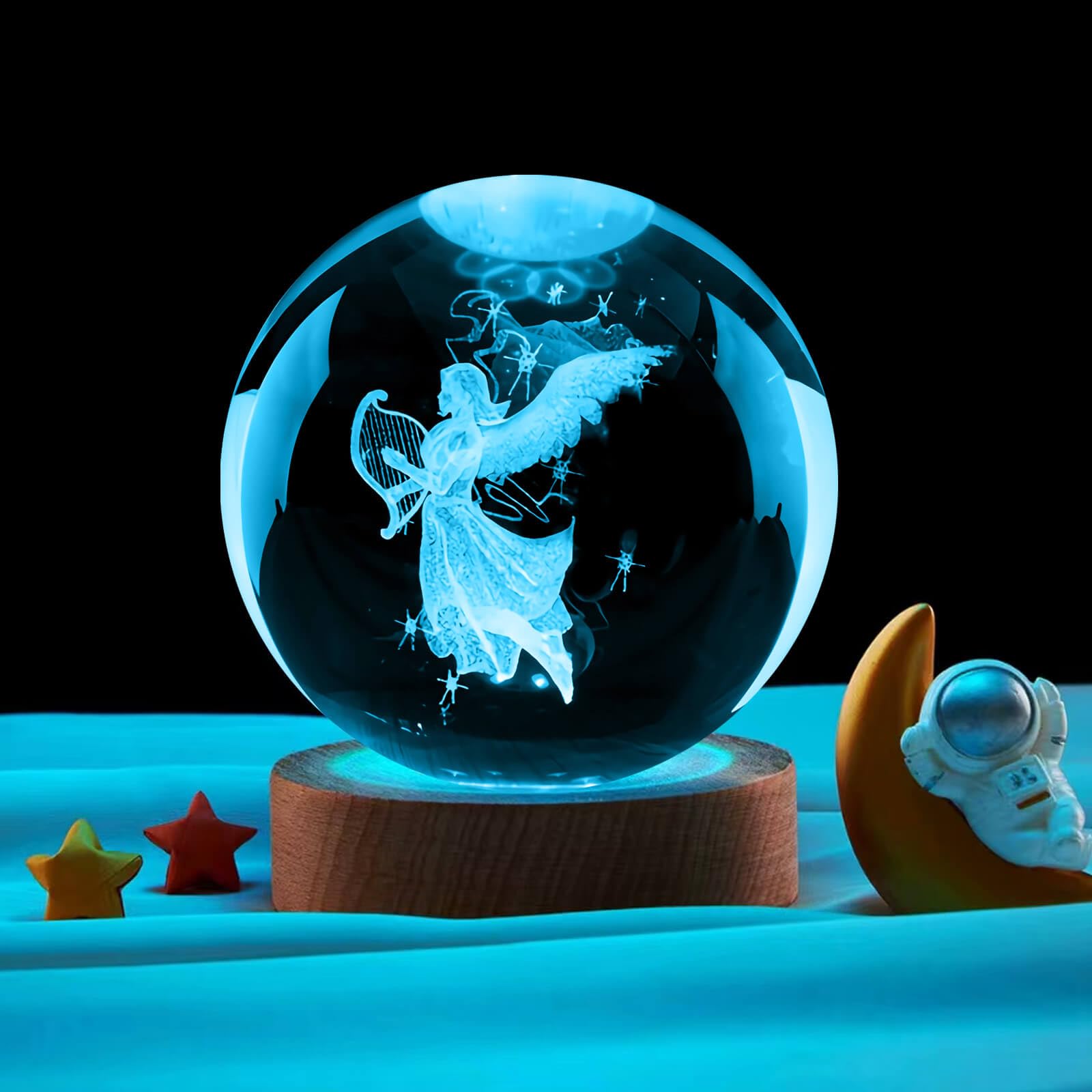 Linsina Guardian Angel Crystal Ball Lamp,16 Colors Glass Angel Figurine Ball Night Light With Wooden Base And Remote Control, An