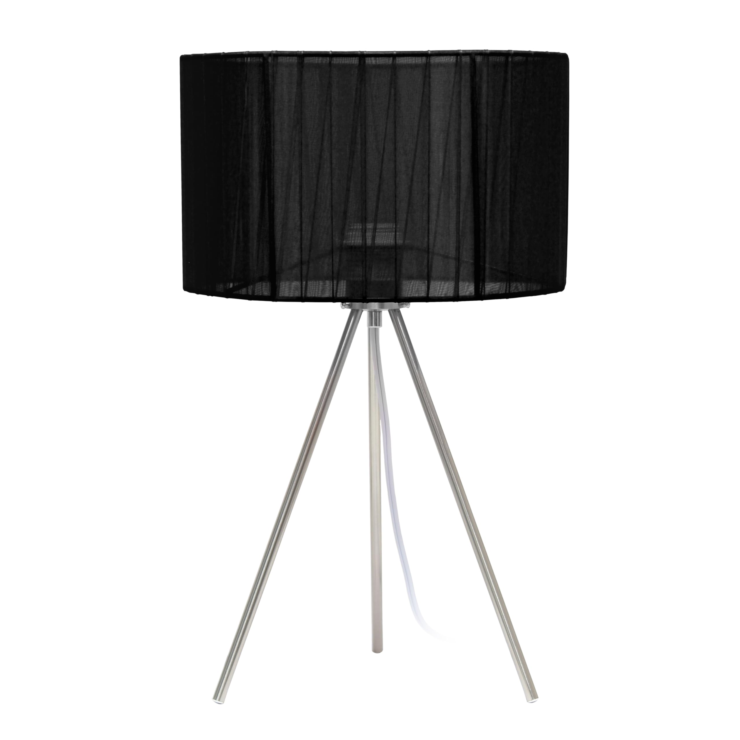 Simple Designs Metal Tripod Table Lamp, Brushed Nickel with Pleated Black Shade