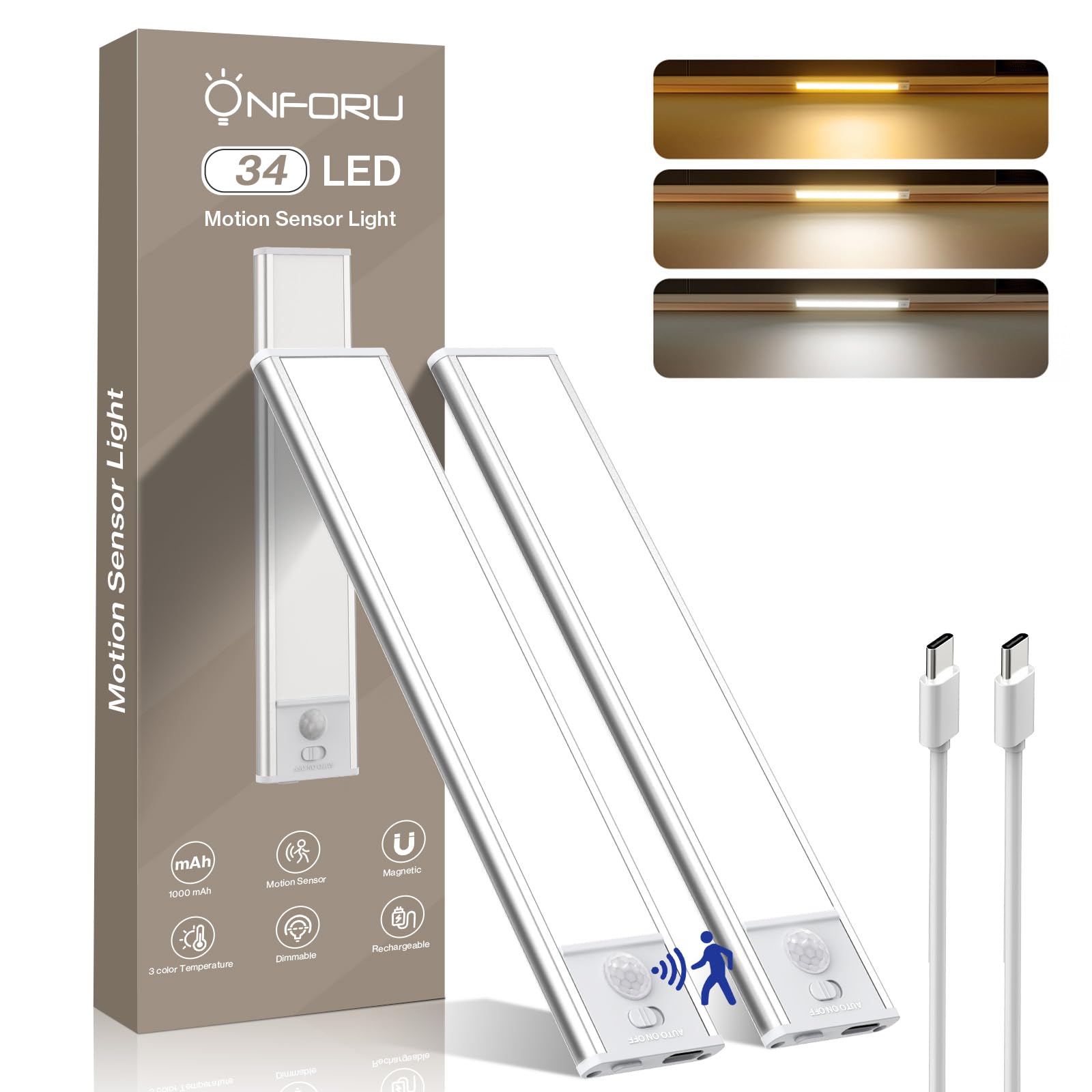 Onforu Under Cabinet Lighting, 34 LED Rechargeable Battery Operated Motion Sensor Closet Lights, Dimmable & 3 Color Temperature,