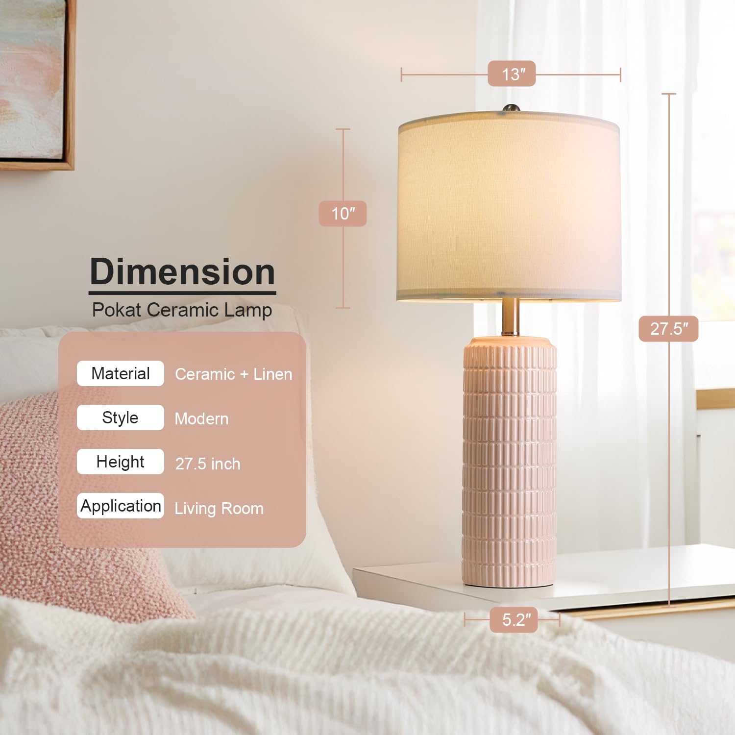 PoKat 27.5" Pink Ceramic Table Lamps Set of 2 - Modern Bedside Lighting for Girls Room, Cute Pink Decor, Model AMZ-T1102L-PK