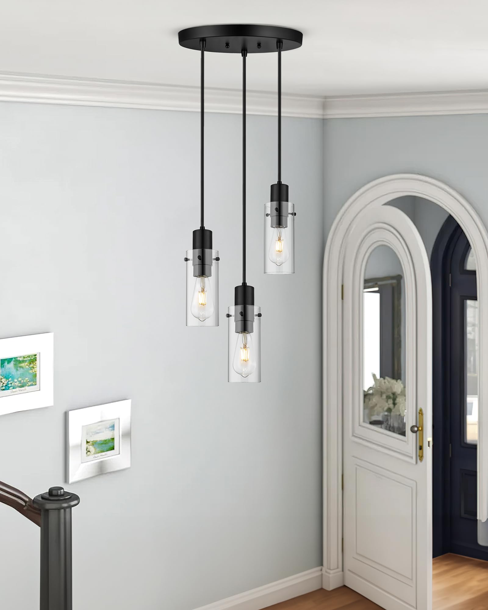 Emak 3-Light Pendant Lights Kitchen Island, Modern Farmhouse Black Pendant Light With Clear Glass Shade, Cluster Hanging Lights