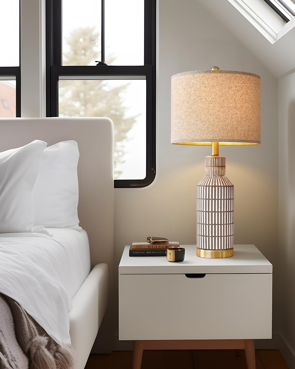 Usumkky 25'' Table Lamps Set Of 2, Modern Ceramic Bedside Lamps - Farmhouse Brown Nightstand Lamps For Bedroom, Boho Living Room