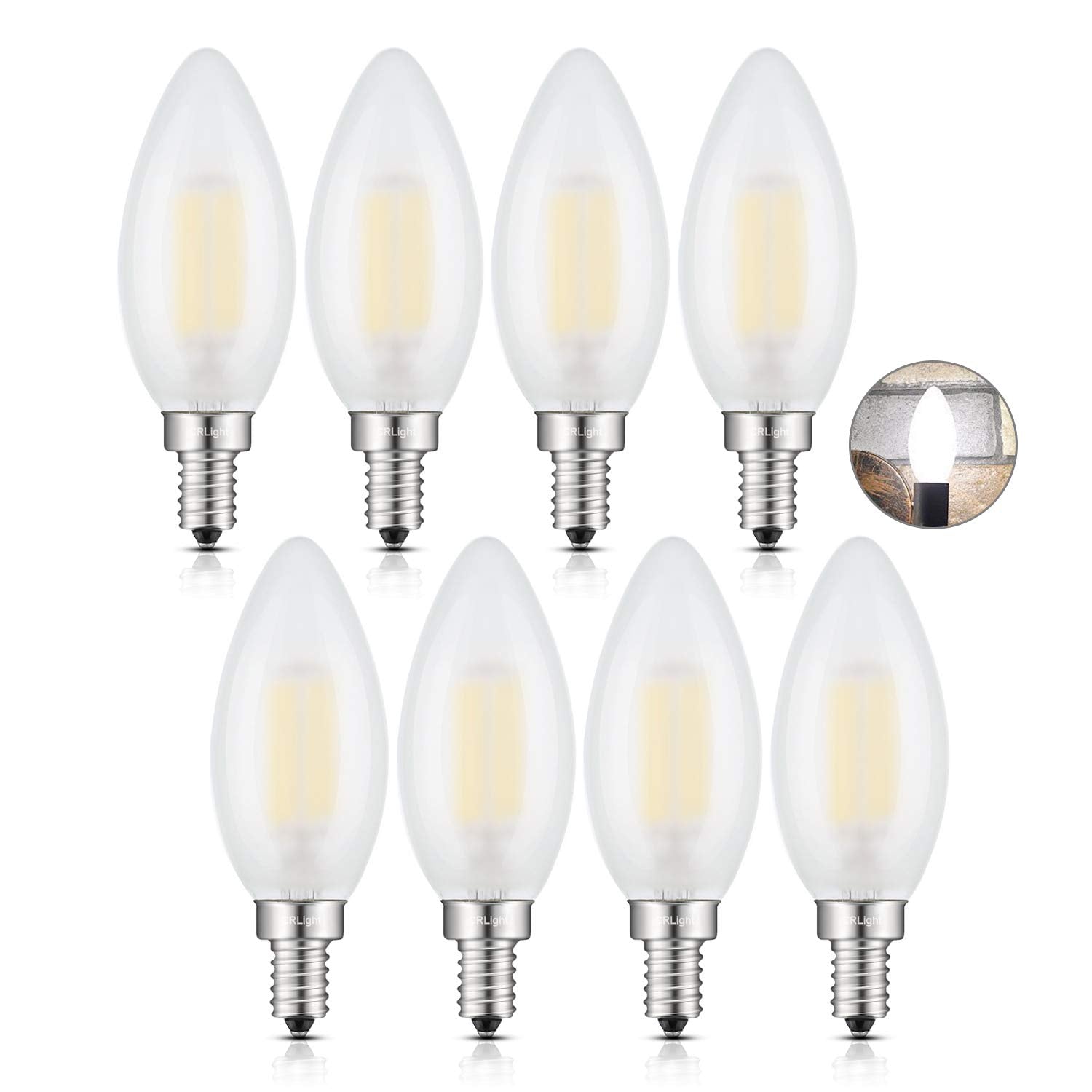 CRLight 6W Dimmable LED Candelabra Bulb, 4000K Daylight White, E12 Base, Pack of 8, Frosted Glass, 600 Lumens
