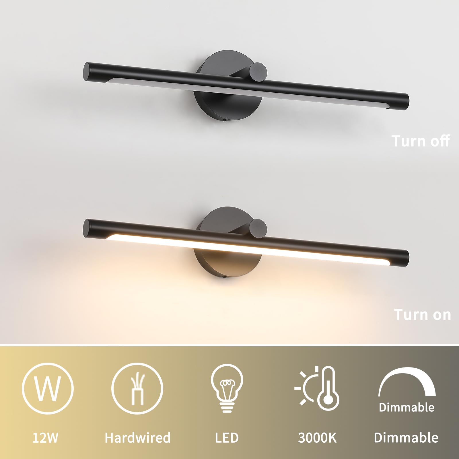 JUSHENG Dimmable Picture Light for discomfort-reducingtings 12W LED 3000K Warm White 24.21in Hardwired Black Model 9050
