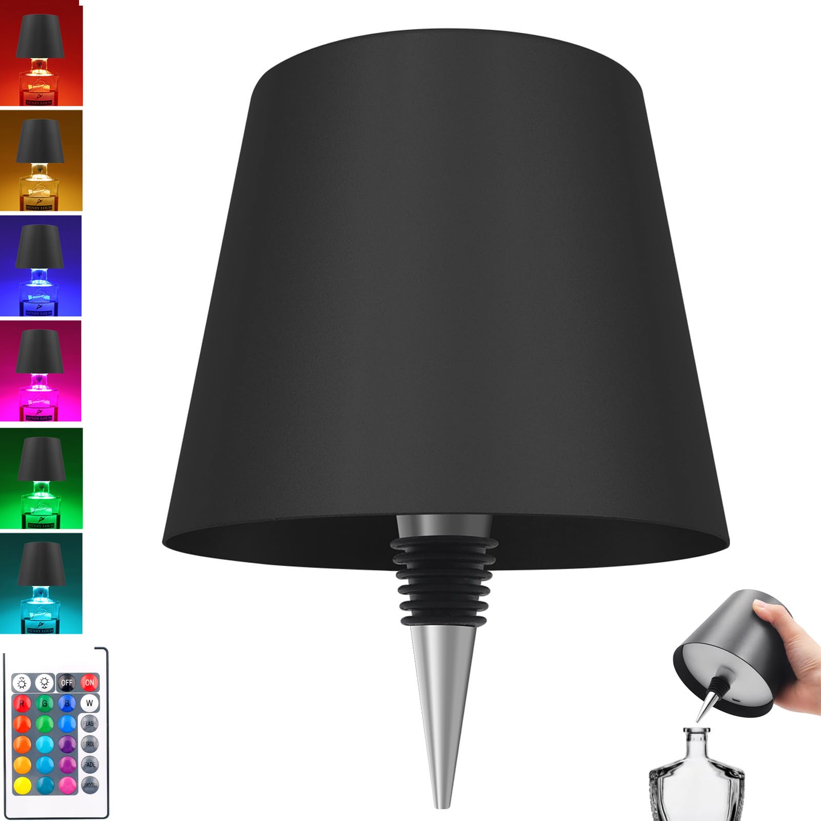 Wireless Bottle Lamp With Remote Control  Rechargeable Rgb Wine Bottle With 3Modes Light Dimming  Waterproof Touch Lamp Head For Room  Bar  Restaurant And Party Decorations(Black Rgb)
