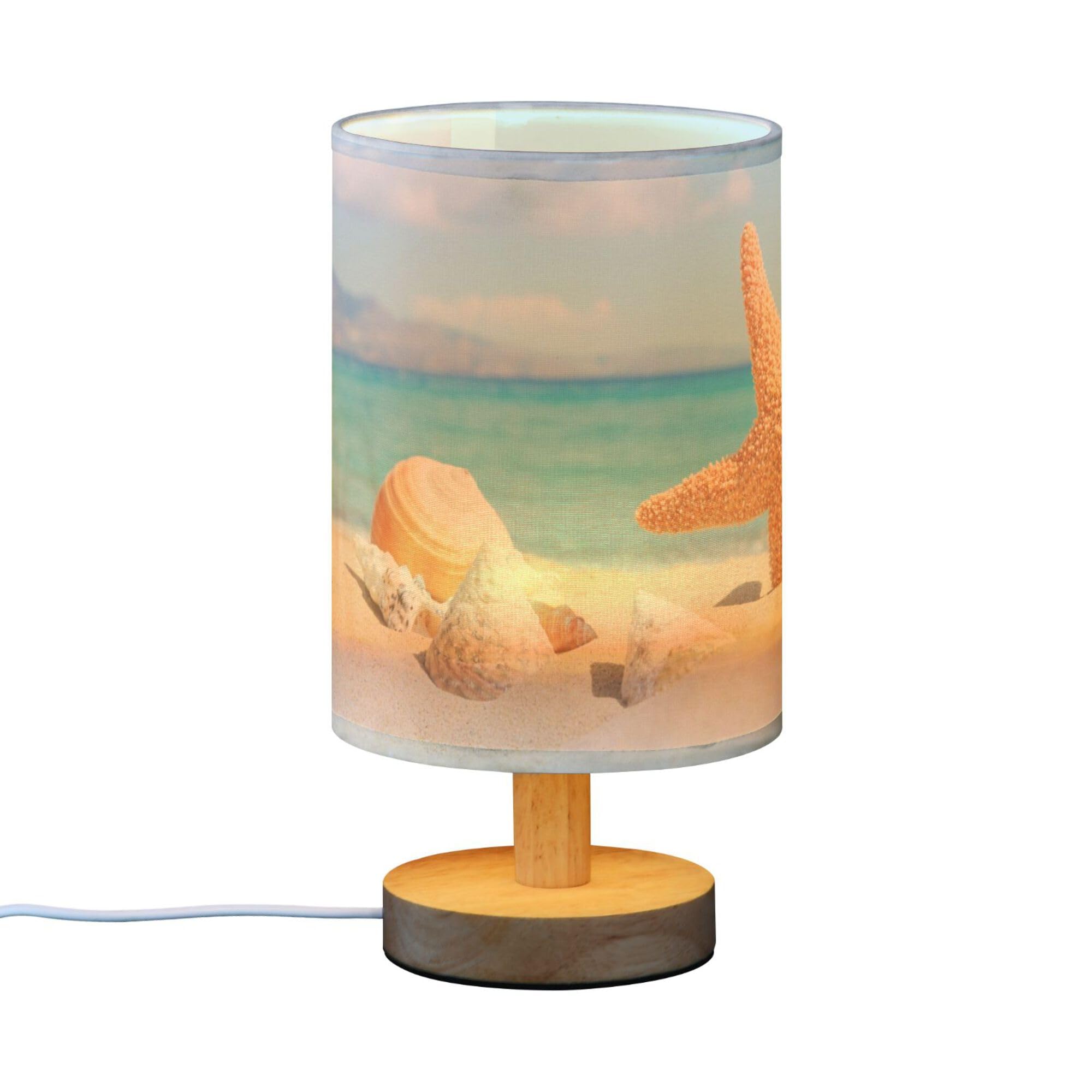 Yyzzh Table Lamp Ocean Beach Starfish Seashell Stone Blue Sky Nightstand Lamp With Wood Base Fabric Lamp Shade Bedside Desk Lamp