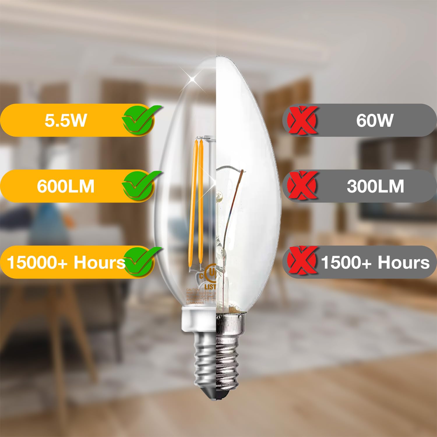 DAYBETTER Dimmable E12 LED Candelabra Bulbs, 5.5W 600 LM, Warm White, 12 Pack, UL Listed, Model QDSDB AUS-D1