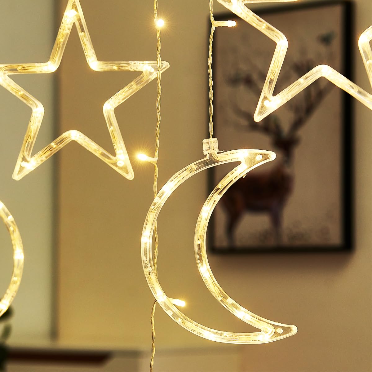 Alfeund 7.5Ft Decorative Starry String Curtain Lights Moons And Stars Led Night Light For Home Decoration Party,Remote Control Usb Powered