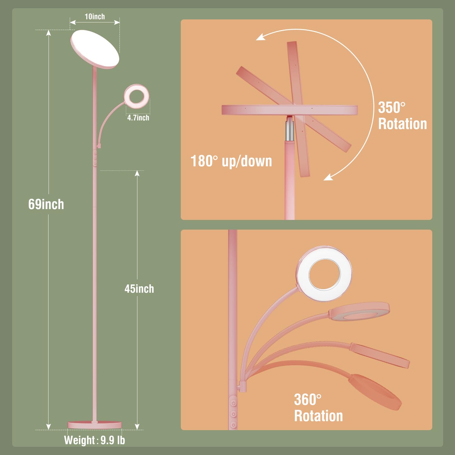 Marctronic Pink Floor Lamp, 42W 4000Lm Super Bright Led Room Lamp With Adjustable Reading Light,Dimmable Modern Standing Lamp Wi