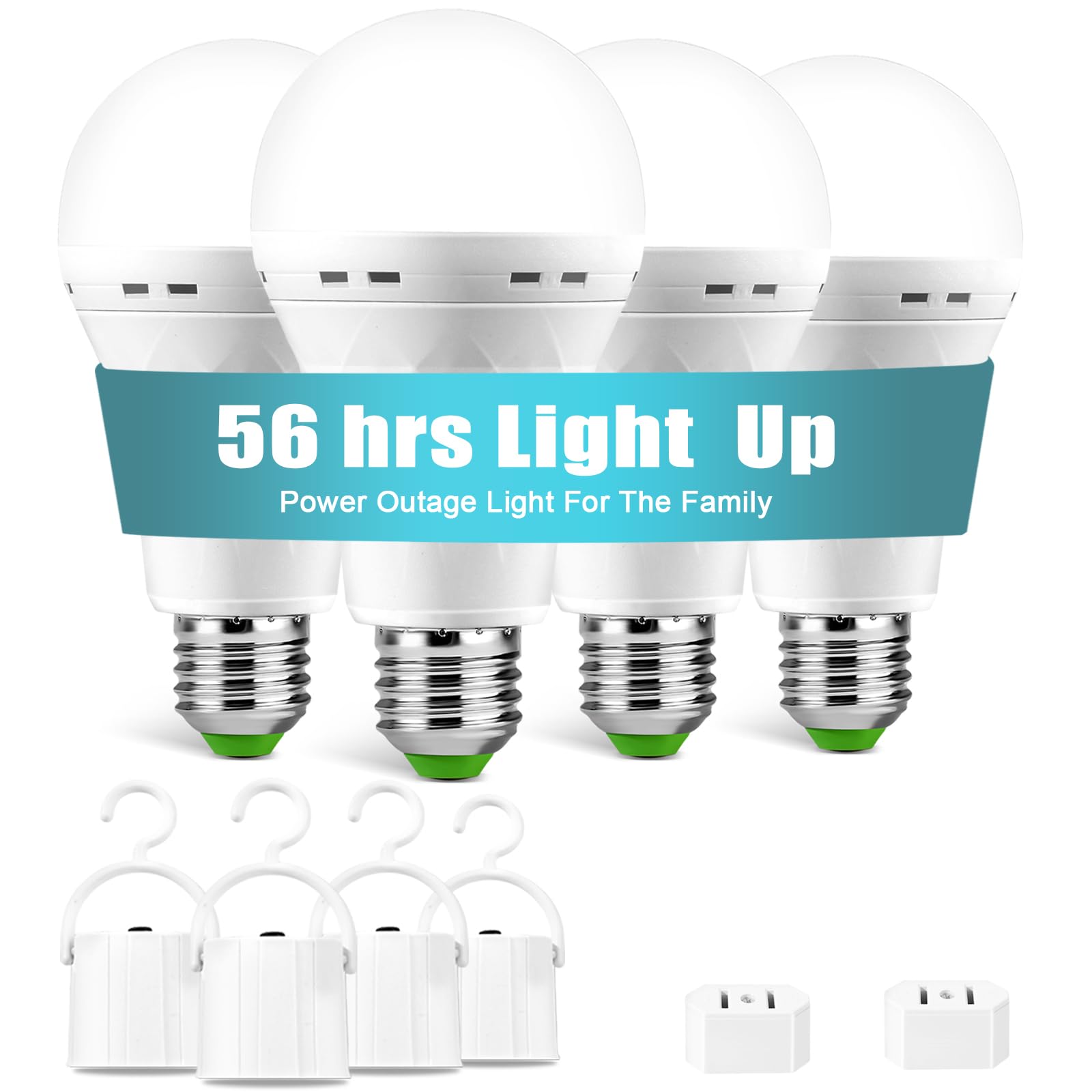 SORHE LIDKO 4 Pack Rechargeable Emergency Light Bulbs, 12W LED, 6000K Daylight, E26, White, Battery Powered, Includes Hooks and Plug Caps