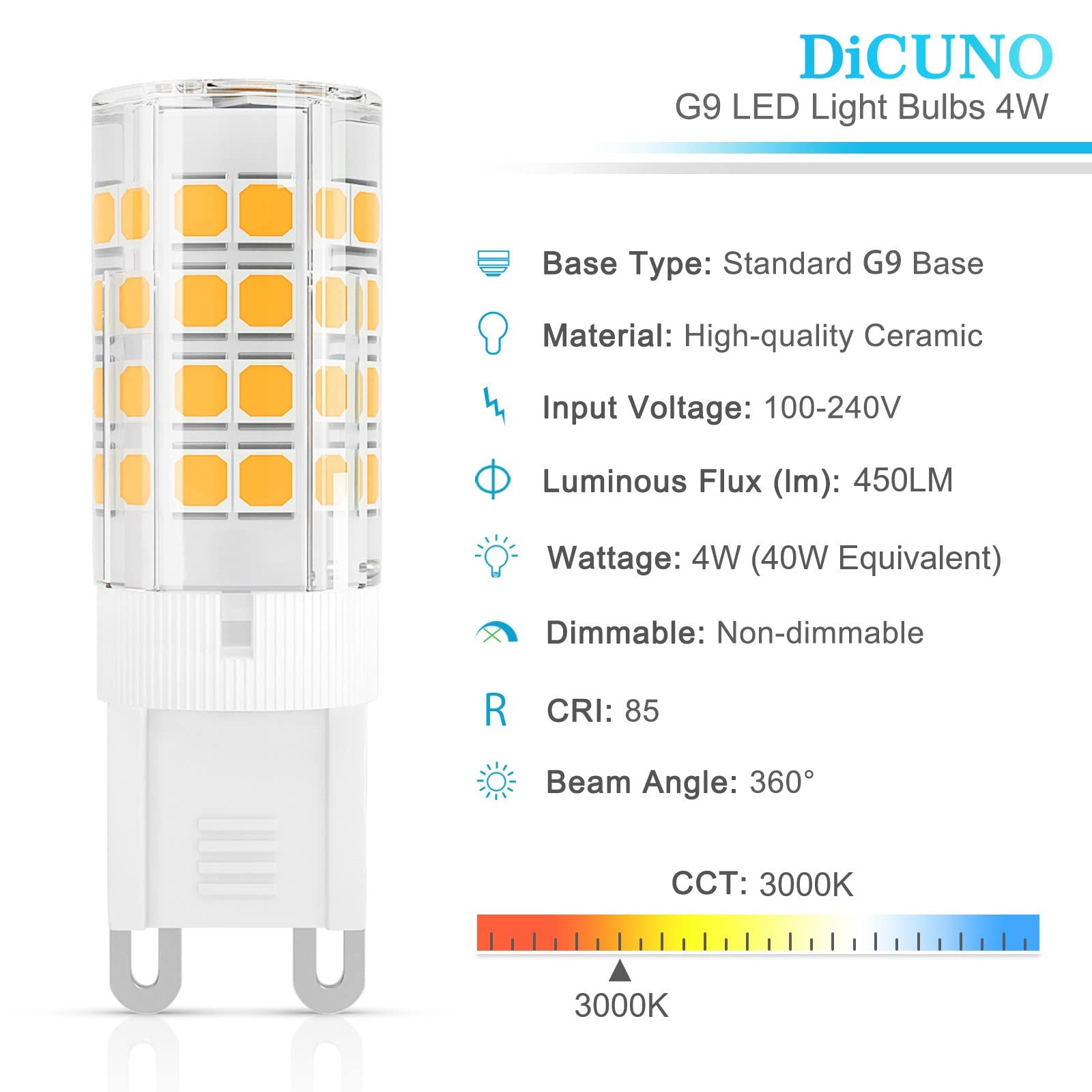 DiCUNO G9 LED Light Bulb 4W, 40W Halogen Replacement, Warm White 3000K, 450 Lumen, G9 Bi-Pin Ceramic Base Bulb, 120V, Non-dimmab