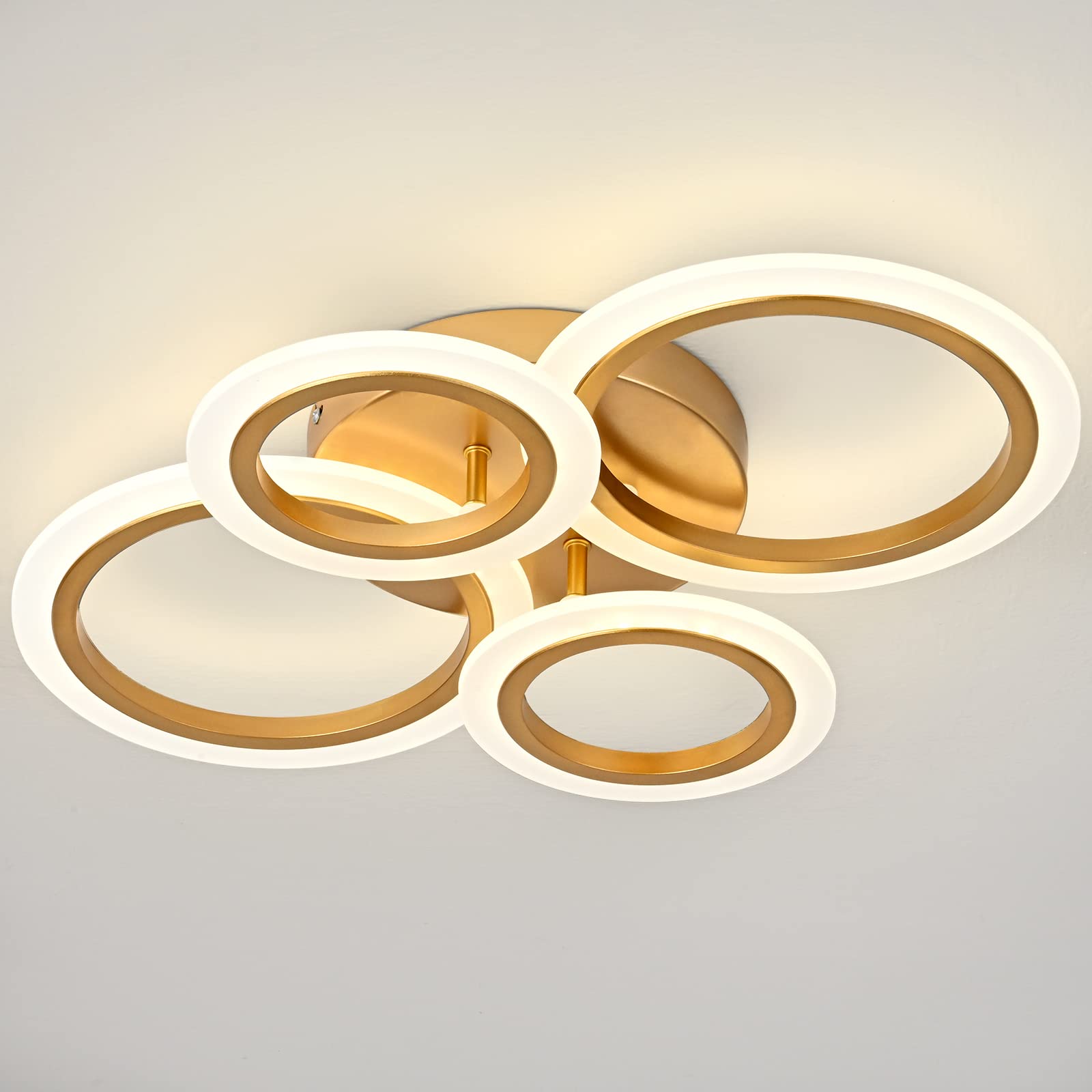 Vikaey Modern LED Flush Mount Ceiling Light, 4 Rings Gold Close to Ceiling Light, Lighting Fixture Ceiling Lamp for Kitchen, Liv