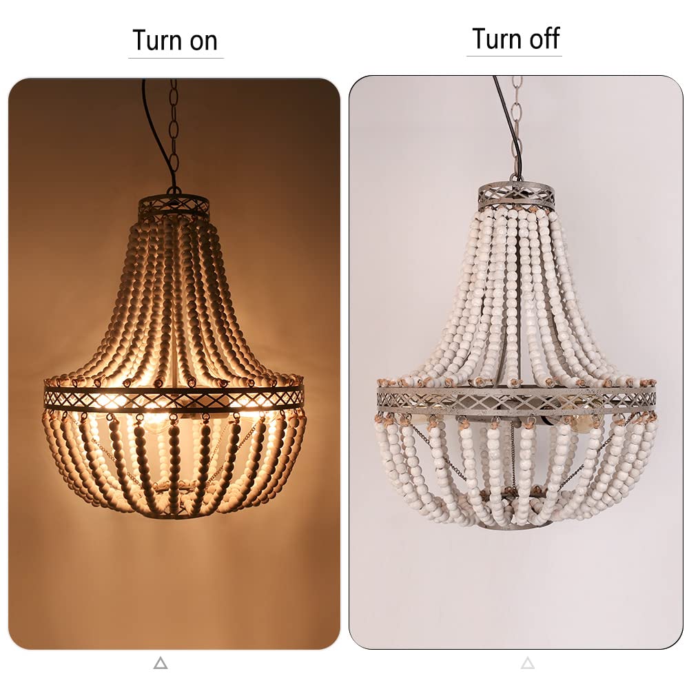 Firvre Wood Beaded Chandelier, Vintage Rustic Pendant Light, White, For Dining Room, Living Room, Kitchen, Model 1