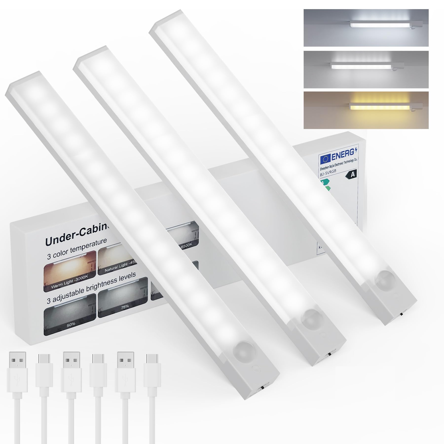 Rihvy Under Cabinet Lighting 12 Inches Rechargeable Motion Sensor Light Indoor  3 Color Dimmable Closet Light Battery Operated  Usb Stick On Led Magnetic Under Counter Lights For Kitchen Stair  3Packs