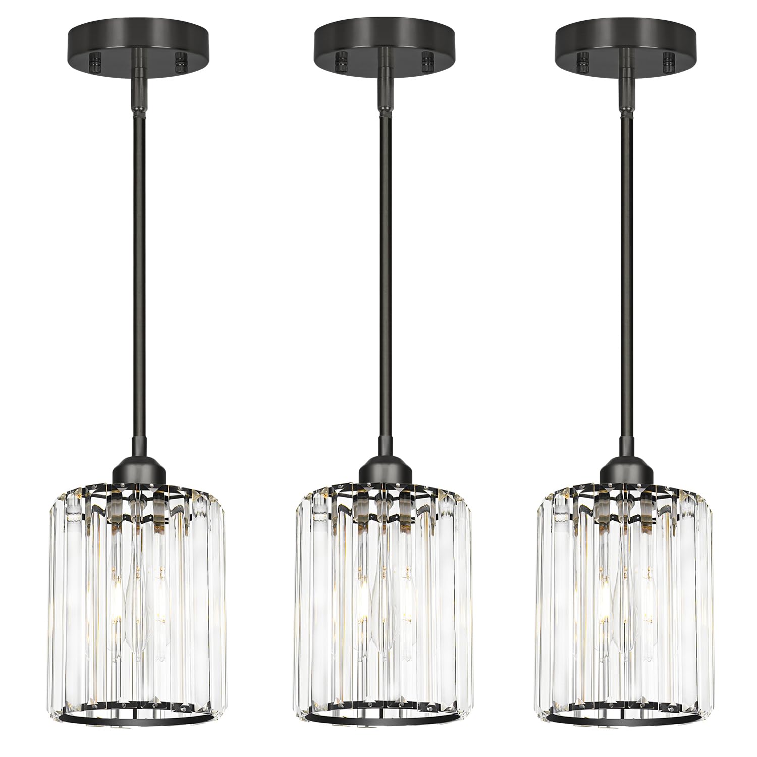 Lxybcce Black Kitchen Pendant Lights Over Island With Adjustable Rods - Crystal Pendant Lighting Fixtures 3 Pack  Ideal Over Dining Table Or Bar  E26 Bulb Compatible  No Electrician Needed