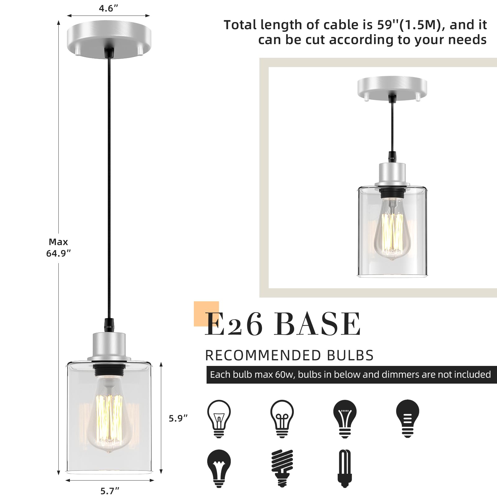 Pendant Light Kitchen Island Lighting 3 Pcs  With Bulb & Clear Glass Shade - 59 Inch Hanging Cord Farmhouse Hanging Lighting Fixture For Dining Room Bedroom Hallway - Brushed Nickel