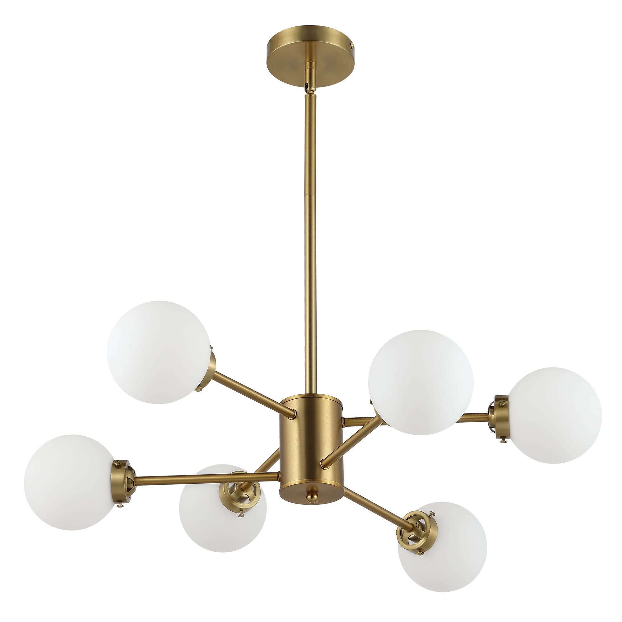 WINGBO 6-Light Sputnik Chandelier, Modern Pendant Light Fixture with 4.7" Opal White Glass Globe Shade for Flat and Slop Ceiling, Height Adjustable for Kitchen Living Room Dining Room Bedroom, Gold