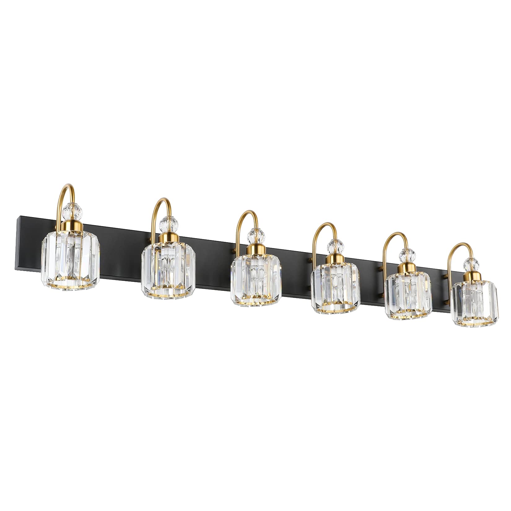 Ralbay Crystal Vanity Lights 6-Lights Modern Crystal Bathroom Vanity Lights Over Long Mirror Modern Black Gold Bathroom Vanity Lighting Fixtures