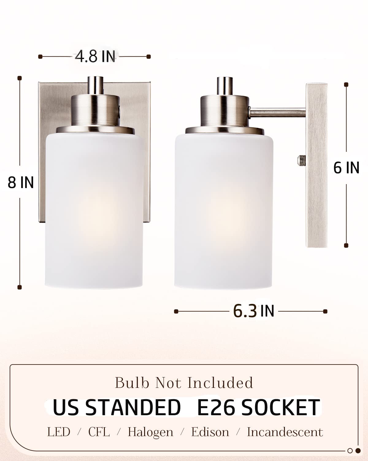 2 Pack Modern Bath Vanity Light Fixture 1-Light, Indoor Bathroom Wall Sconces For Living Room, Porch, Bedside, Brushed Nickel Fi