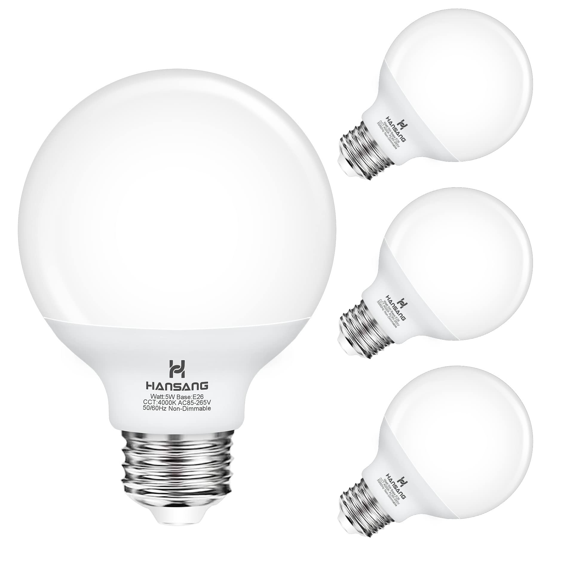 Hansang Vanity Barthroom Light Bulbs, E26 Base G25 Led Globe Bulb 4000K Natural Daylight, 5W (60 Watt Equivalent) Non-Dimmable V
