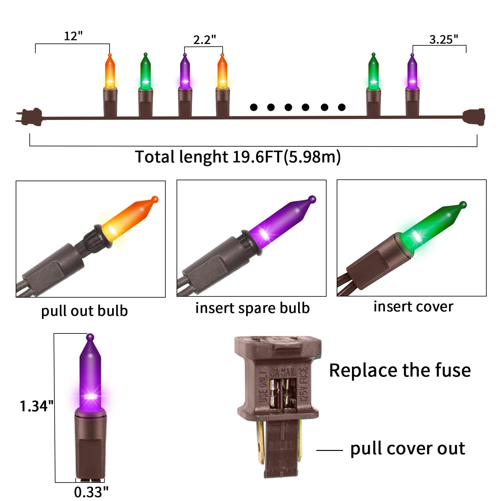 Twinglehome Ultra-Bright Connects End To End Orange Purple And Green Christmas Mini Lights 100L 19.6Ft Ul Listed Incandescent Bulb String Light Set For Indoor Outdoor Halloween Home Garden Tree Decor