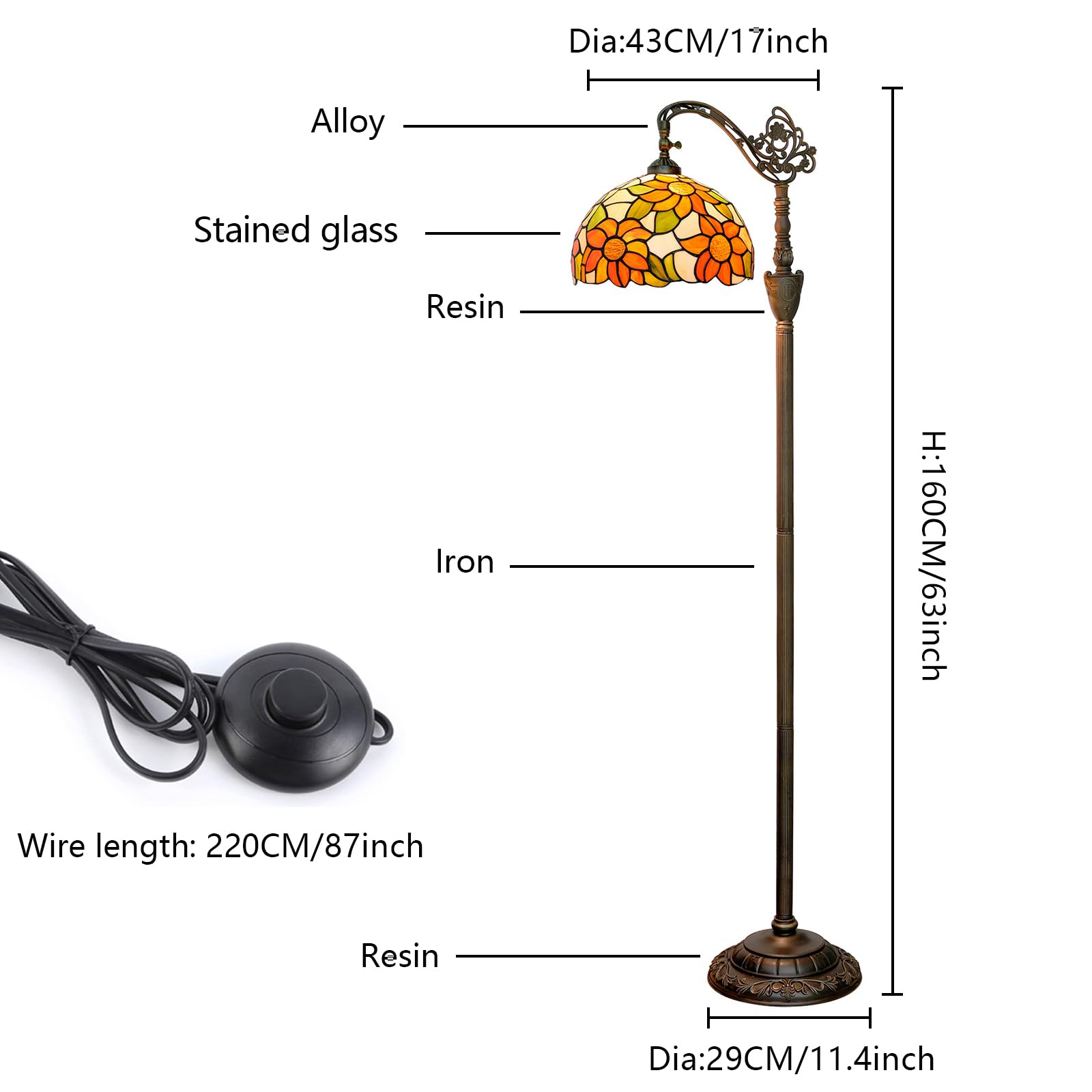 Blivuself Tiffany Floor Lamp - Yellow Sunflower Stained Glass, Adjustable Gooseneck, Foot Switch, Bulb Included, Model F12OFX015E