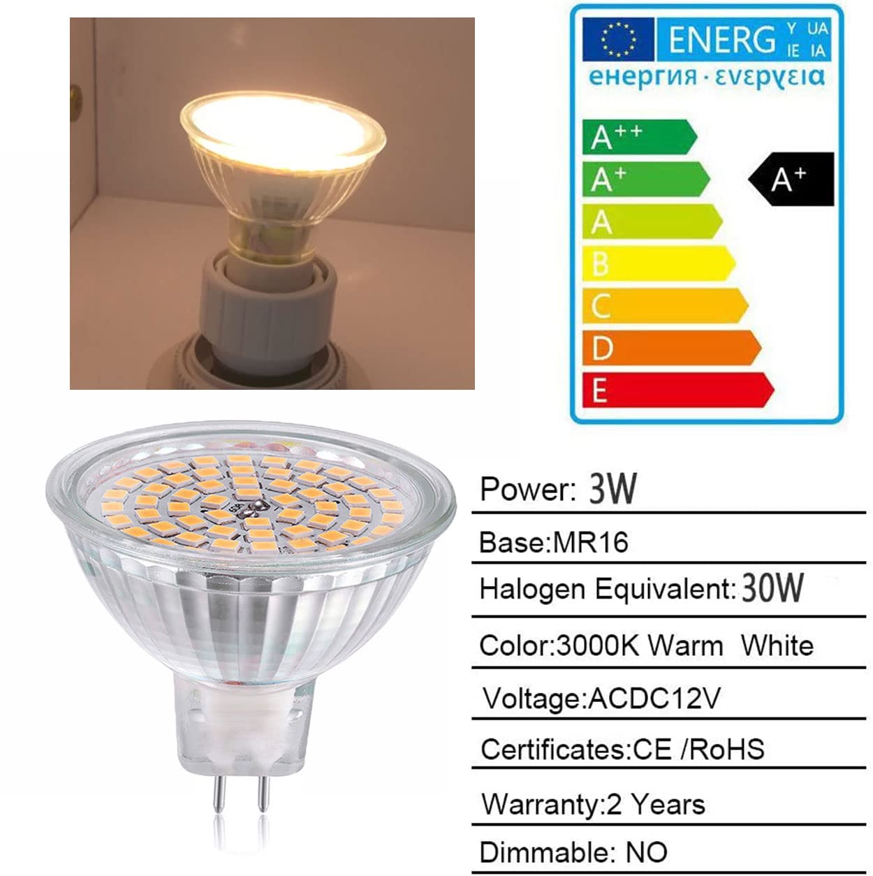 Mr16 Led Light Bulbs(4 Pack)-380Lm 60Leds 2835 Smd 3W Ac/Dc 12V 3000K Warm White,30W Halogen Bulb Equivalent,Gu5.3 Bi-Pin Base,N