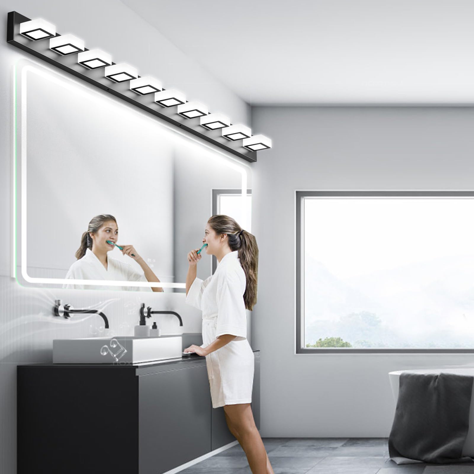 Ralbay Bathroom Vanity Lights, 66 Inch Modern LED Fixtures, Metal Acrylic, Matte Black, Model 8590, Black-White Light