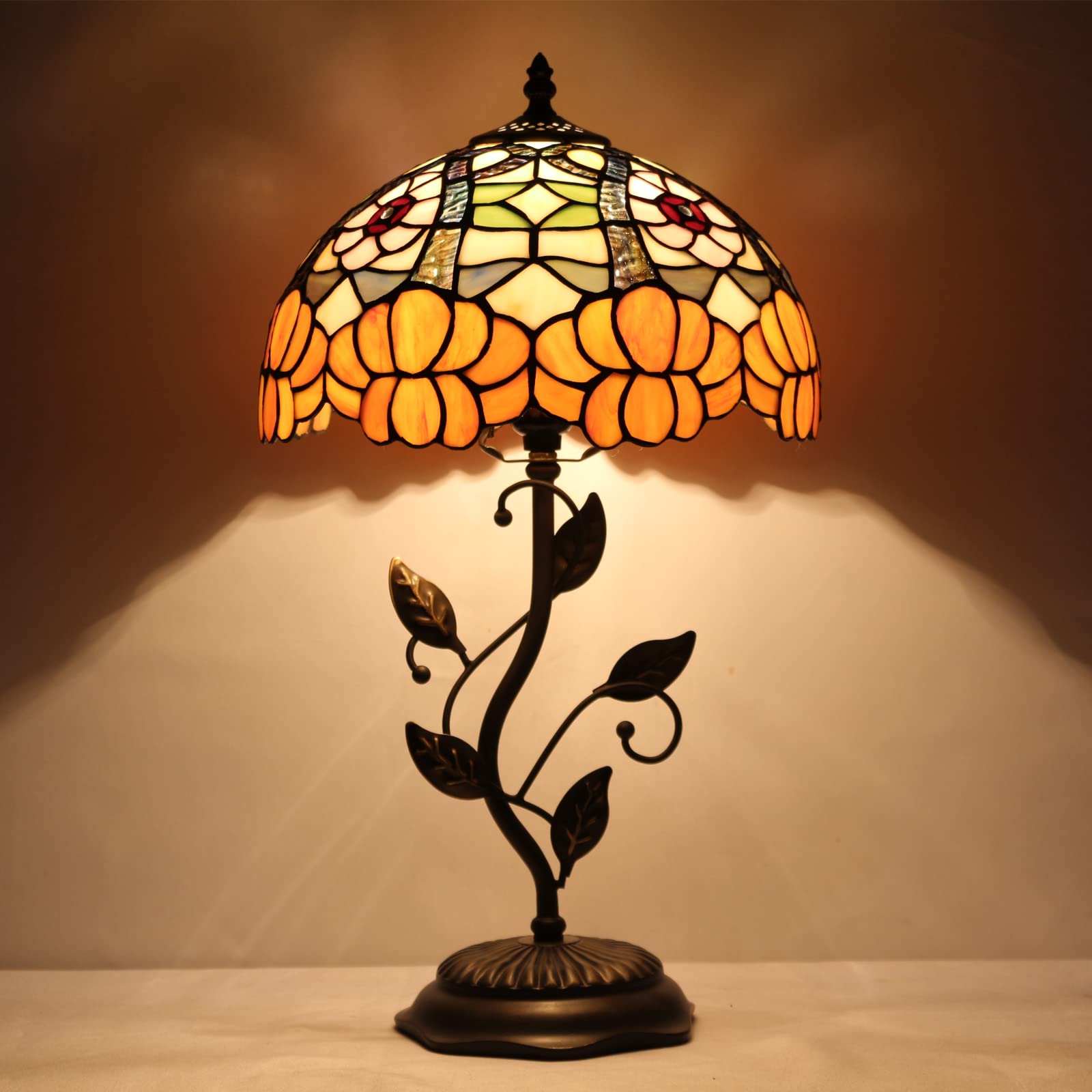 AVIVADIRECT Tiffany Lamp Orange Flower Stained Glass Table Lamp Desk Bedside Reading Light 12X12X19 Inches with Metal Leaf Base 