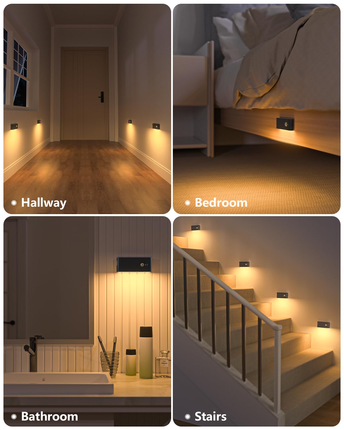 WILLED Rechargeable Night Light, Wireless Motion Sensor, Battery Powered, Plastic, Black, 6 Pack, Model B0DBTR13ZF