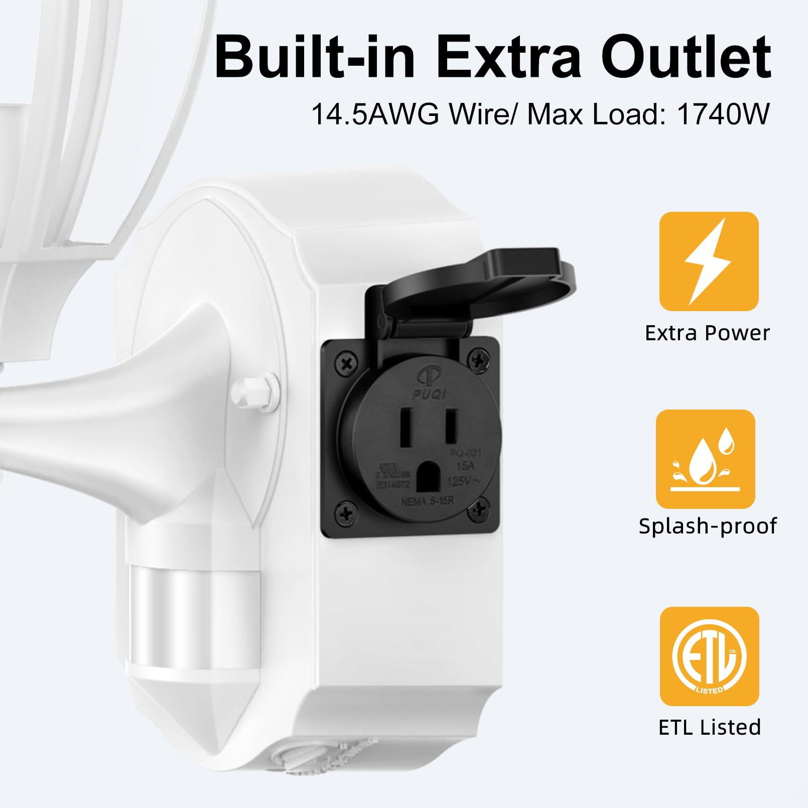 OYKYOHEI Porch Light with Outlet, Motion Sensor, Waterproof, 1 Pack, White